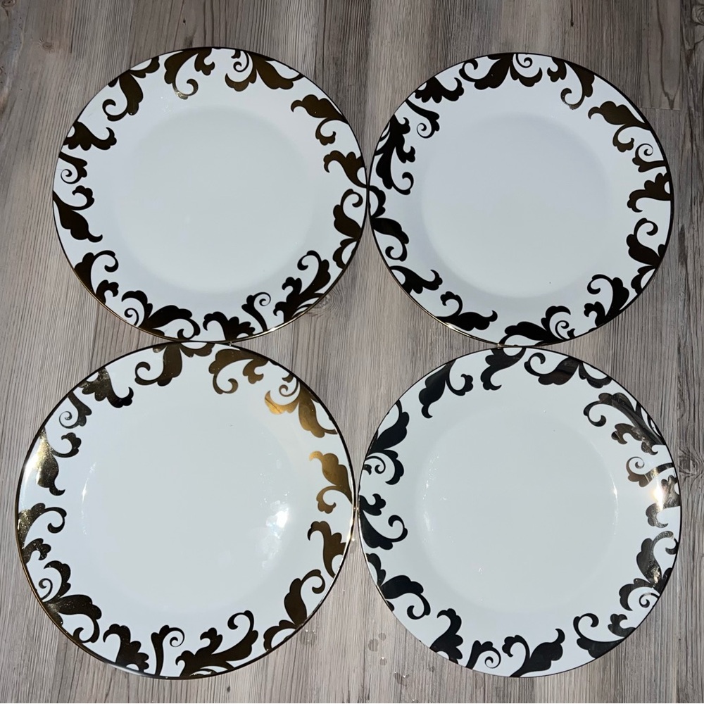 4 Ciroa Fiori Gold Scroll 10.5” Dinner Plates Fine Bone China Set Of 4
